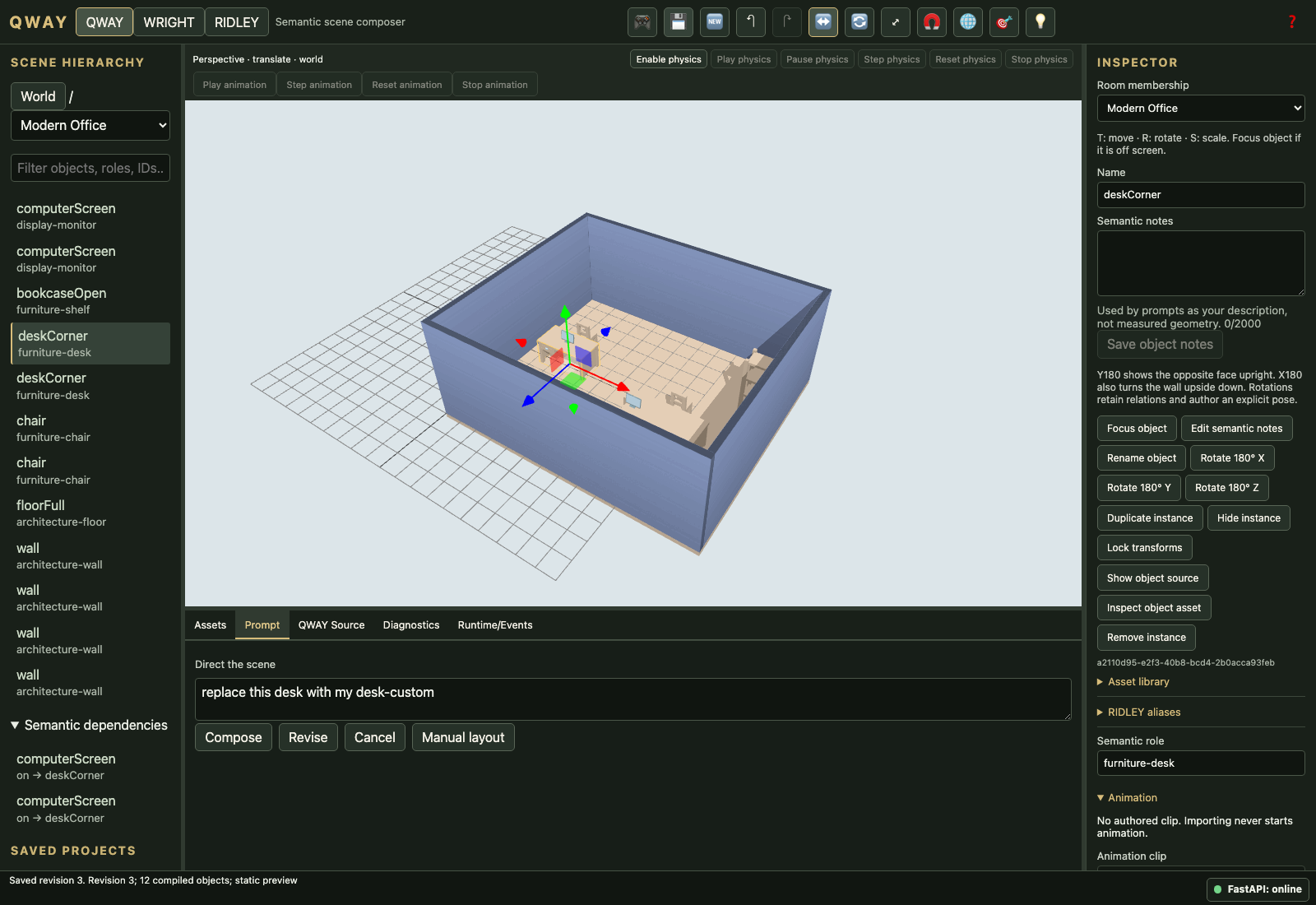 User-owned desk replacing a standard desk in the same generated scene