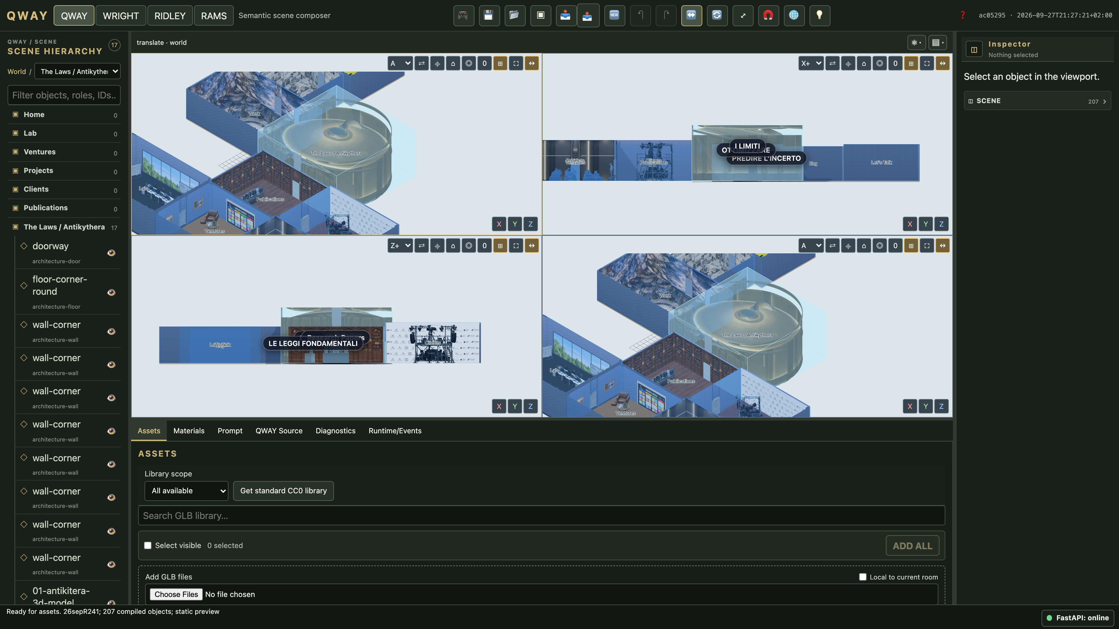 Four synchronized views: top, right, front and axonometry. Each region has its own orientation selector.