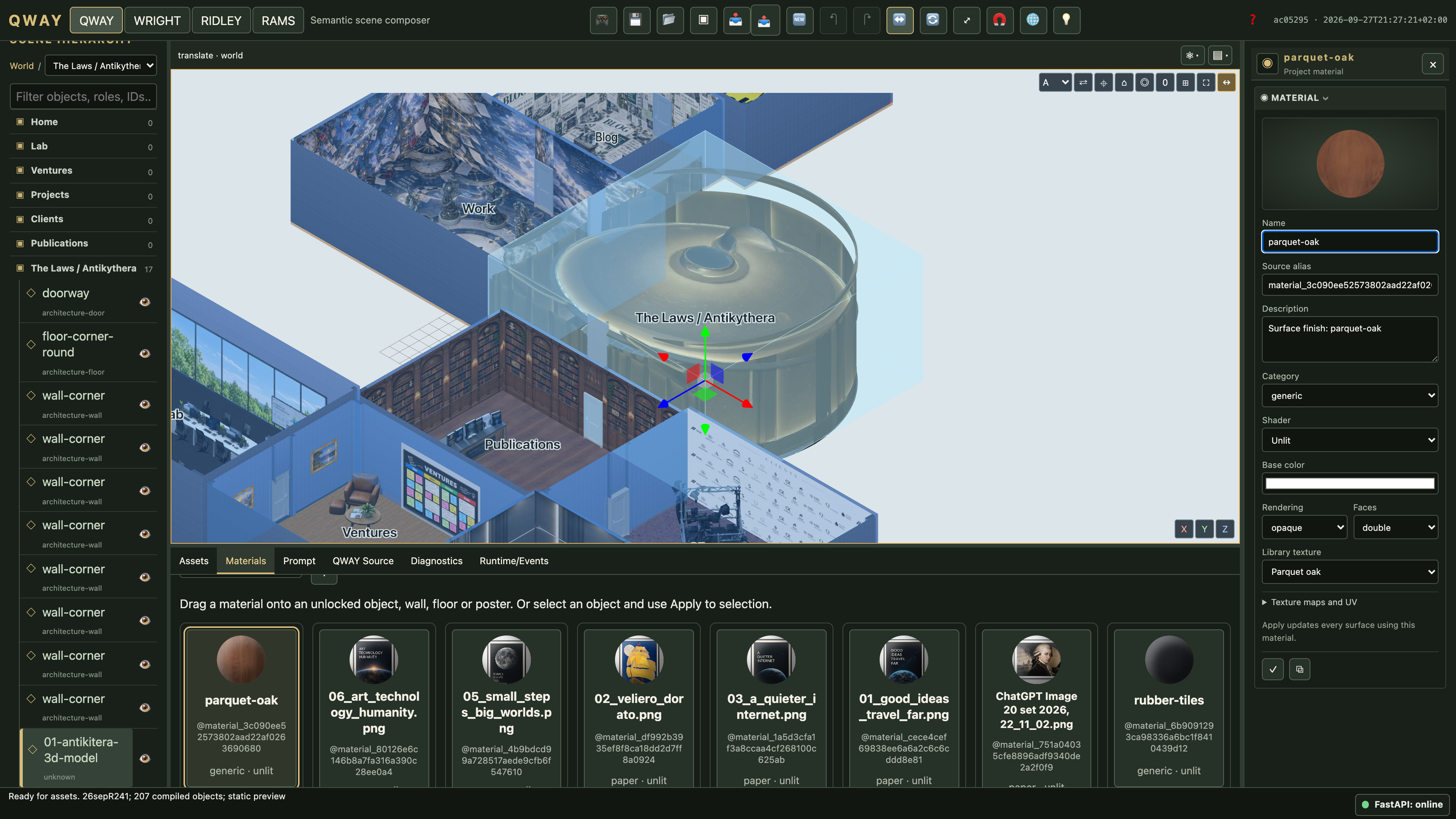The project material browser and its right-hand Inspector.