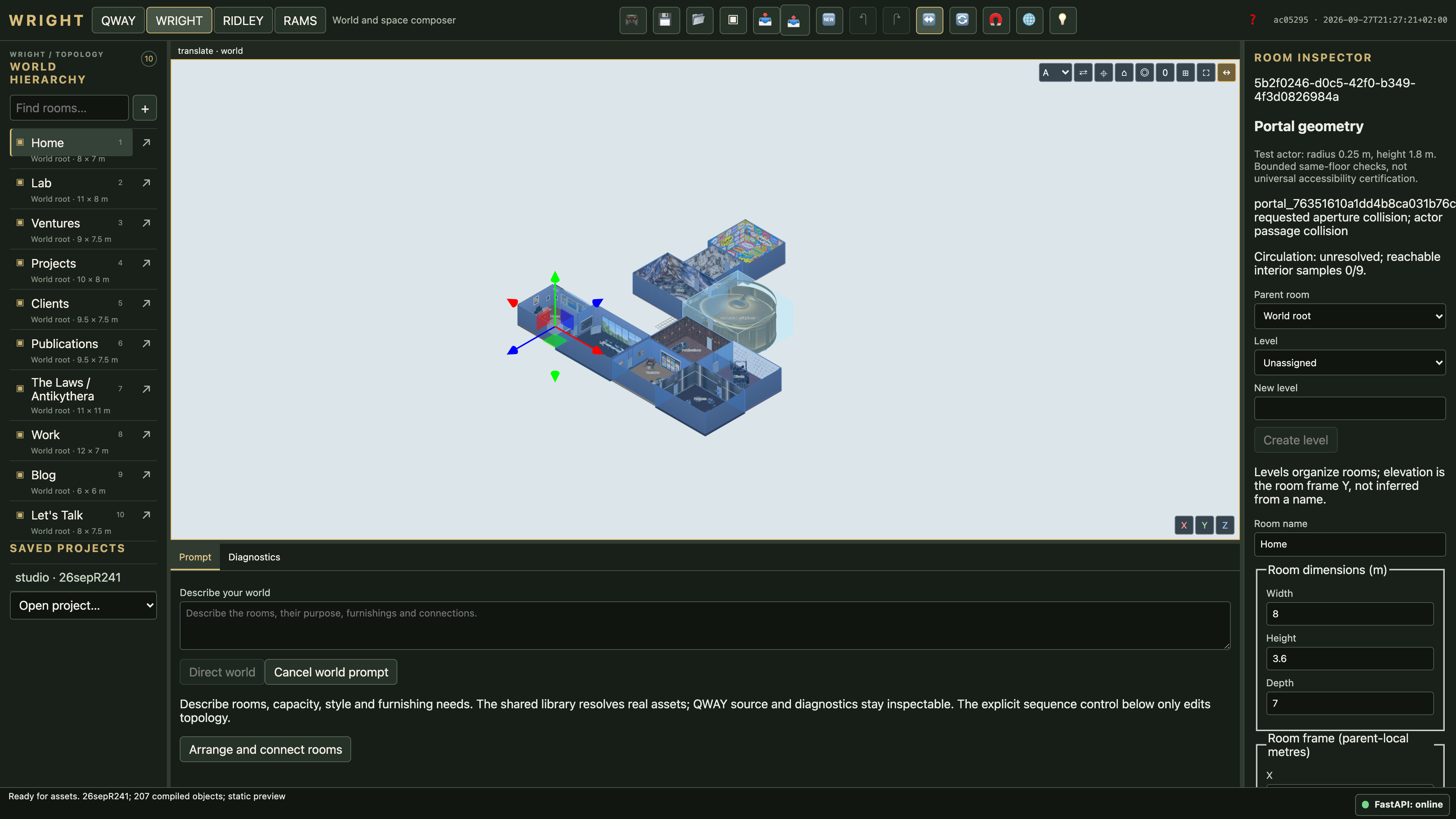 WRIGHT exposes room frames, dimensions and topology while retaining the shared world viewport.